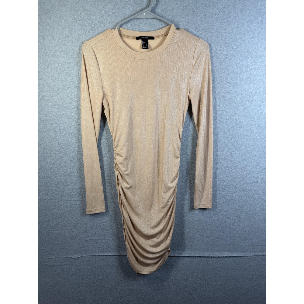 Forever 21 Dress Womens Small Beige Glitter Ruched Long Sleeve Bodycon Mini